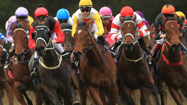 Gosford Races. Race 6 at the home turn, was won by Hugh Bowman on She's Clean, (pink cap).