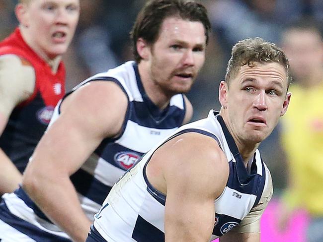 Round 18. 21/07/2018. Geelong v Melbourne at the GMHBA, Geelong.  Geelong's Joel Selwood and Patrick Dangerfield   . Pic: Michael Klein