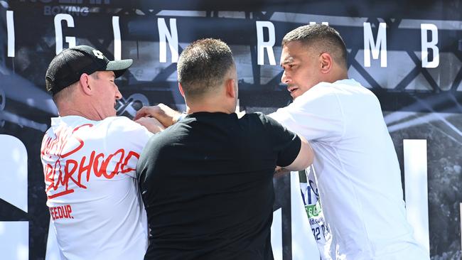 Paul Gallen and Justin Hodges clash during the Origin Rumble press conference. Picture: Albert Perez/Getty