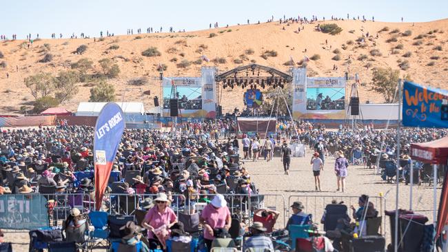 Crowds gathered at Big Red Bash music festival in the Simpson Desert, Queensland, on July 6 2021. Picture: Matt Williams