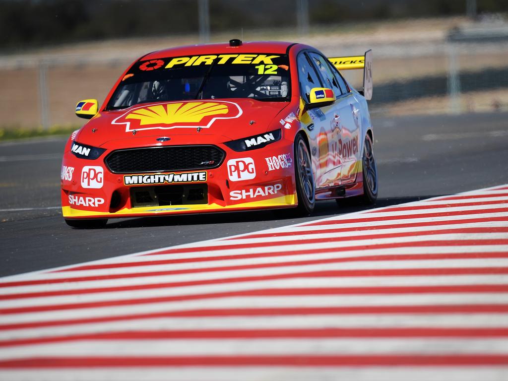 Fabian Coulthard drives the #12 Shell V-Power Racing Team Ford Falcon FGX during practice on Friday for the Supercars SuperSprint at The Bend Motorsport Park. Photo by Daniel Kalisz/Getty Images