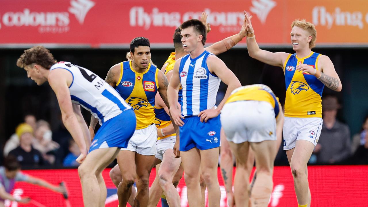 HOBART, AUSTRALIA - AUG 10: Colby McKercher of the Kangaroos looks dejected after a loss during the 2024 AFL Round 22 match between the North Melbourne Kangaroos and the West Coast Eagles at Blundstone Arena on August 10, 2024 in Hobart, Australia. (Photo by Dylan Burns/AFL Photos via Getty Images)