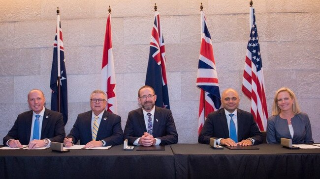 Home Affairs Minister Peter Dutton, Canada’s Public Safety Minister Ralph Goodale, New Zealand Justice Minister Andrew Little, British Home Secretary Sajid Javid, and US Homeland Security Secretary Kirstjen Nielsen on the Gold Coast.