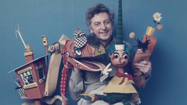 Norman Hetherington alongside Mr Squiggle, Bill Steamshovel and Gus the Snail. Picture: National Museum of Australia