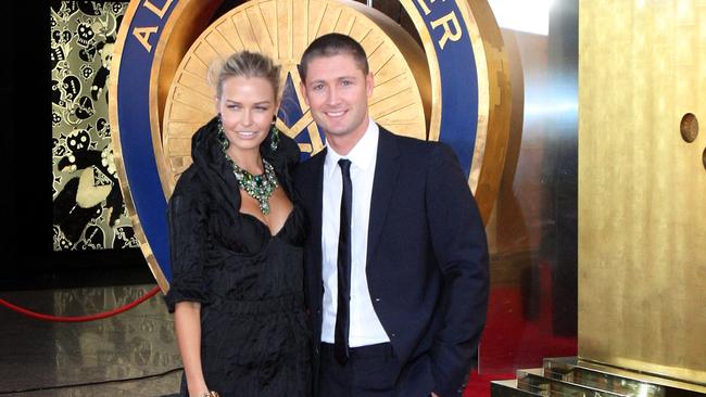 Michael Clarke and partner Lara Bingle arrive for the Allan Border Medal presentation at Crown in Melbourne.