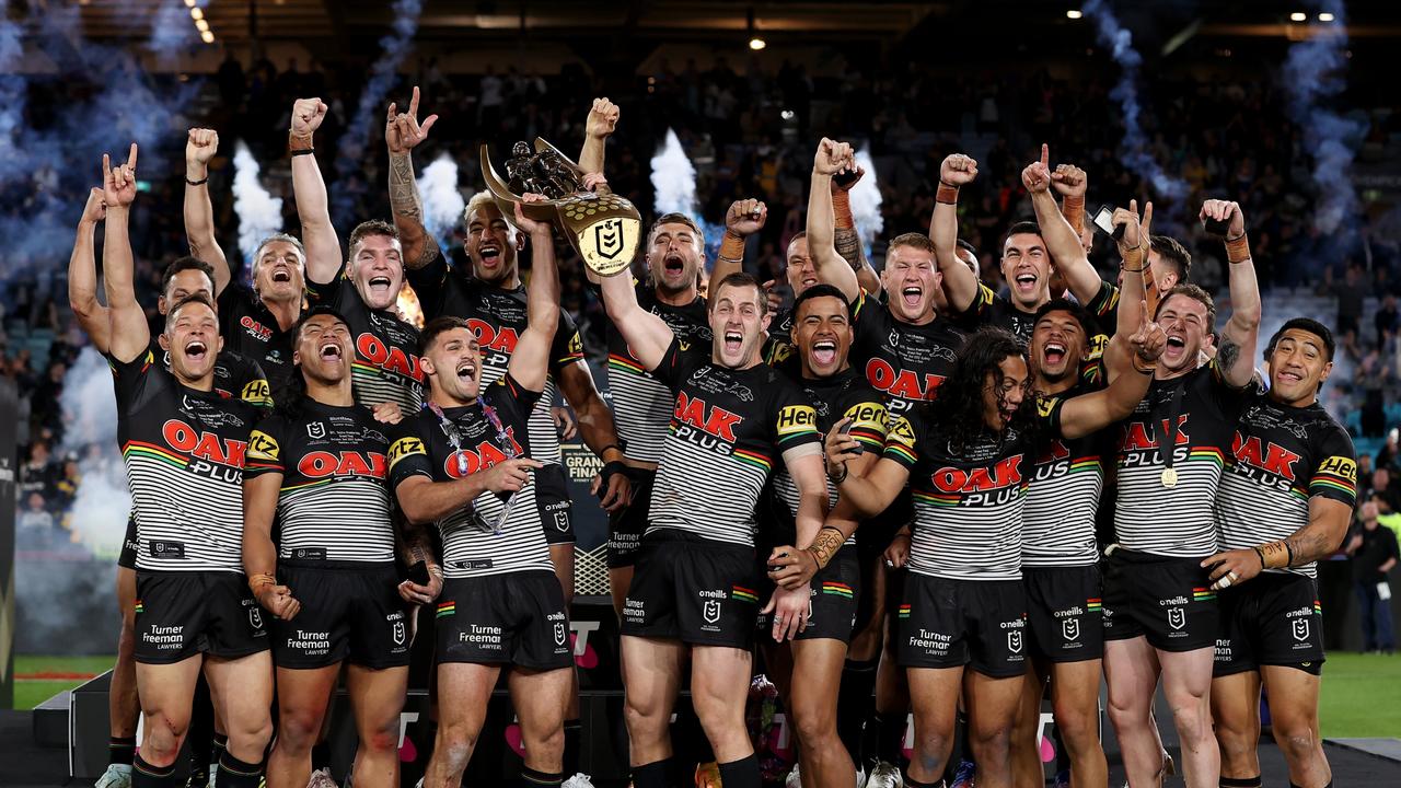 The Panthers celebrate with the NRL Premiership Trophy. Picture: Cameron Spencer/Getty