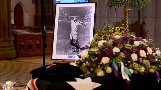 The casket of former Australian tennis great Neale Fraser sits in St Patrick's Cathedral. Picture: AFP