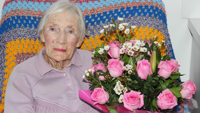 Linda Paddon pictured on her 104th birthday in 2018. Picture: Michelle Smith