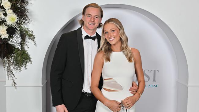 Miles Bergman and Meecah Yates on the Port Adelaide AFL/SANFL Best &amp; Fairest red carpet at the Adelaide Convention Centre. Picture: Brenton Edwards