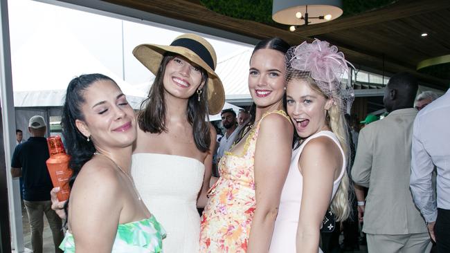 Kirsty Maida, MacKenzie Niven, Ciarn Niven and Brooke Vincent enjoying the Magic Millions at Aquis Park, Gold Coast. Picture: Glenn Campbell