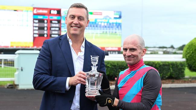 Tony Gollan and Antino’s jockey Vlad Duric. Picture: Grant Peters – Trackside Photography.