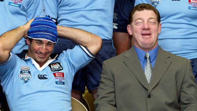 Andrew Johns (L) with 2003 NSW coach Phil Gould (R) features regularly when current Blues are asked about their favourite player of all time. Picture: Brett Costello