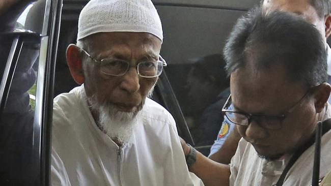 Abu Bakar Bashir arrives for treatment at a Jakarta hospital last year. Picture: AP