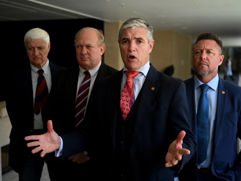 KAP Queensland leader Robbie Katter (2nd right), joined by (L to R) Federal Member for Kennedy Bob Katter, Shane Knuth and Nick Dametto, speaks to the media at Parliament House.  Picture: Dan Peled / NCA NewsWire