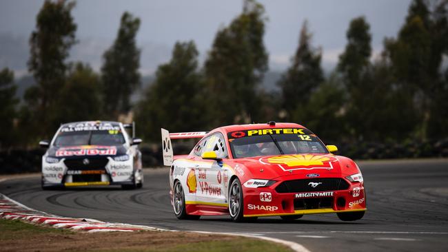 Fabian Coulthard drives the #12 Shell V-Power Racing Team Ford Falcon FGX during the Tasmania SuperSprint Supercars Championship Round at Symmons Plains Raceway last year. Picture: Getty