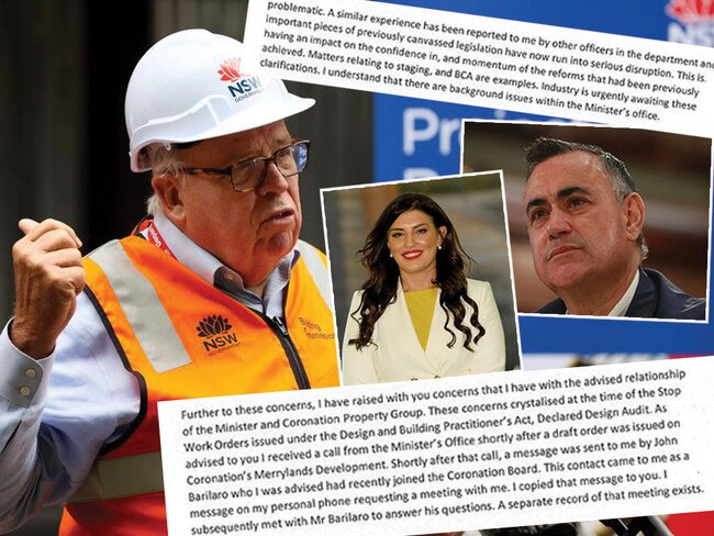 David Chalmers' (left) resignation letter, insets' raised concerns about his dealings with dumped minister Eleni Petinos' (middle) office, and reveals a text he received to his personal phone from John Barilaro (right). Pictures: News Corp/Supplied