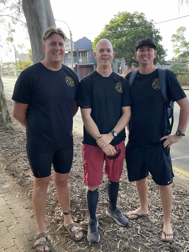 Marcus Hall, Christopher Beattie and Mark Ferguson at the Hervey Bay 100 Triathlon on Sunday, November 26, 2023.