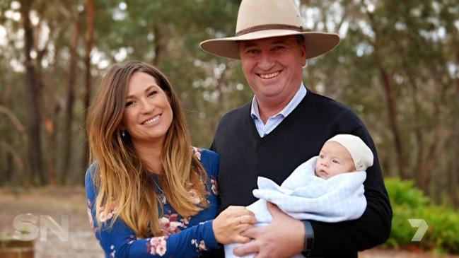 Vikki Campion and Barnaby Joyce with their new baby. Picture: Channel 7