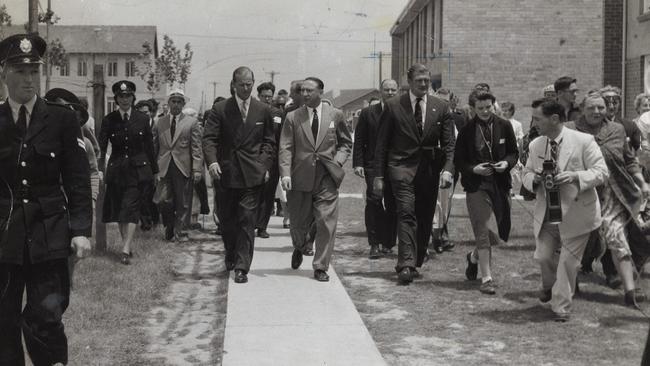 Prince Philip on a sightseeing tour of the Olympic Village, Heidelberg in 1956.