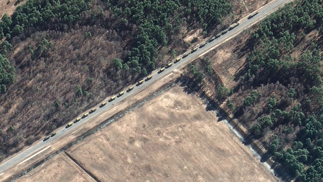 Maxar satellite imagery of a convoy of heavy armoured vehicles on a highway in souther Belarus. Picture: Maxar Technologies via Getty Images.