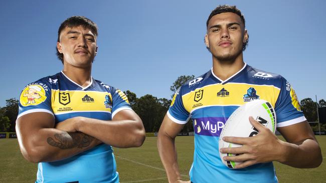 Gold Coast Titans players Klese Haas and Iszac Fa'asuamaleaui — younger brothers of Payne Haas and Tino Fa'asuamaleaui. Picture: Nigel Hallett