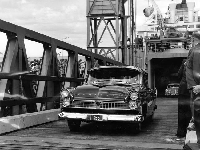 The first car comes off the Troubridge as it arrives in Kingscote on its maiden voyage in 1961.