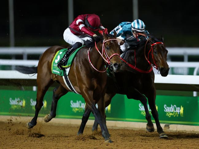 RIYADH, SAUDI ARABIA - FEBRUARY 22: Ryusei Sakai riding Forever Young (L) wins the Sadi Cup 2025 on February 22, 2025 in Riyadh, Saudi Arabia.  (Photo by Francois Nel/Getty Images)