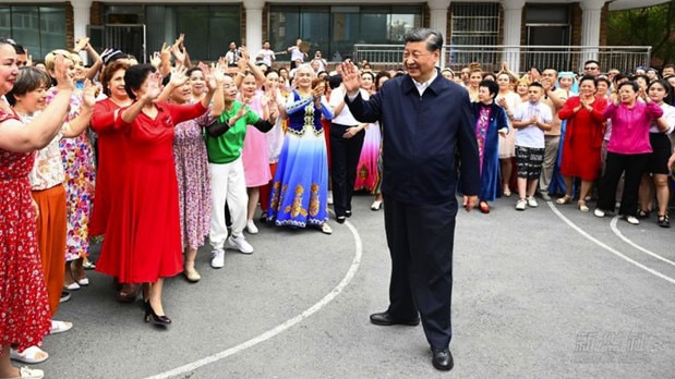 Xi Jinping on a meet and greet in the Xinjiang capital of Urumqi on Tuesday. Picture: Xinhua