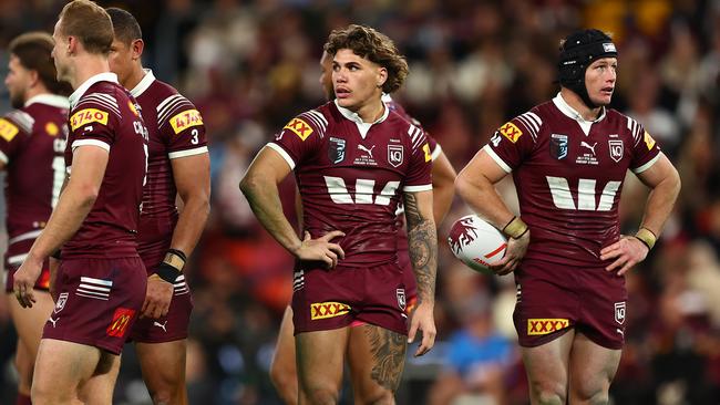 BRISBANE, AUSTRALIA - JULY 17:  Reece Walsh of the Maroons reacts during game three of the 2024 Men's State of Origin series between Queensland Maroons and New South Wales Blues at Suncorp Stadium on July 17, 2024 in Brisbane, Australia. (Photo by Chris Hyde/Getty Images)