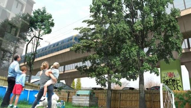 An artists' impression of sky rail over backyards in Melbourne’s southeast.