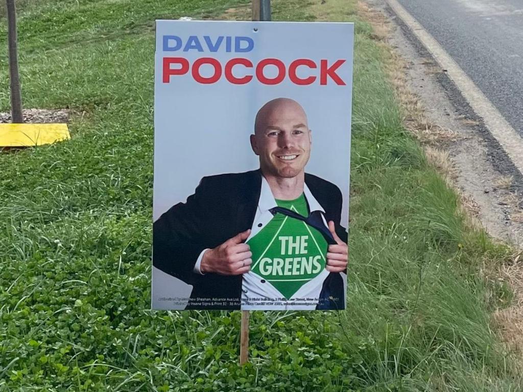 The sign that suggests David Pocock's policies are in line with the Greens. Picture: Facebook
