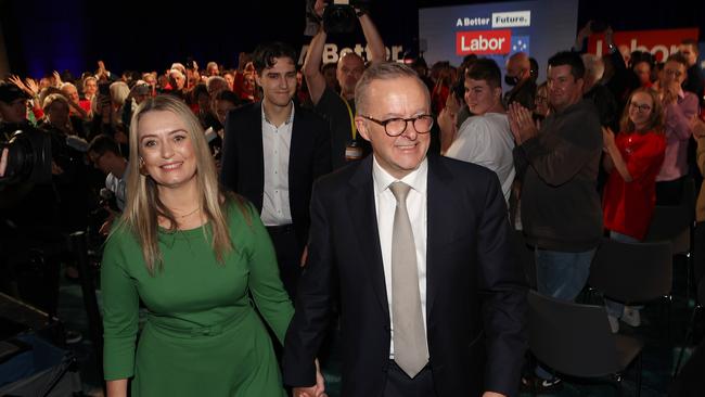 Anthony Albanese and partner Jodie Haydon, Labor Party launch at Optus Stadium, Perth WA. Picture: Liam Kidston.