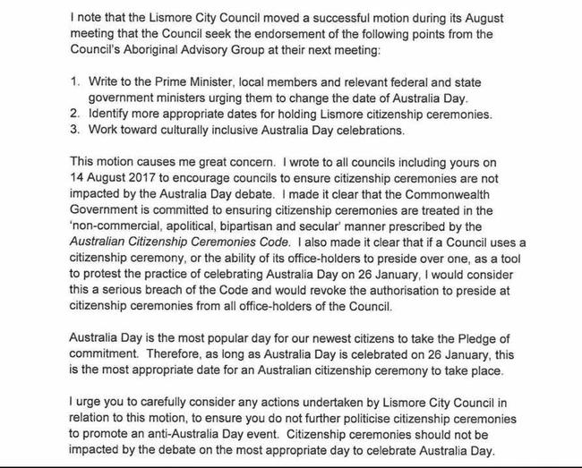 Excerpts from the Office of Immigration's letter to Lismore City Council over its proposal to change the Australia Day date. Picture: Facebook