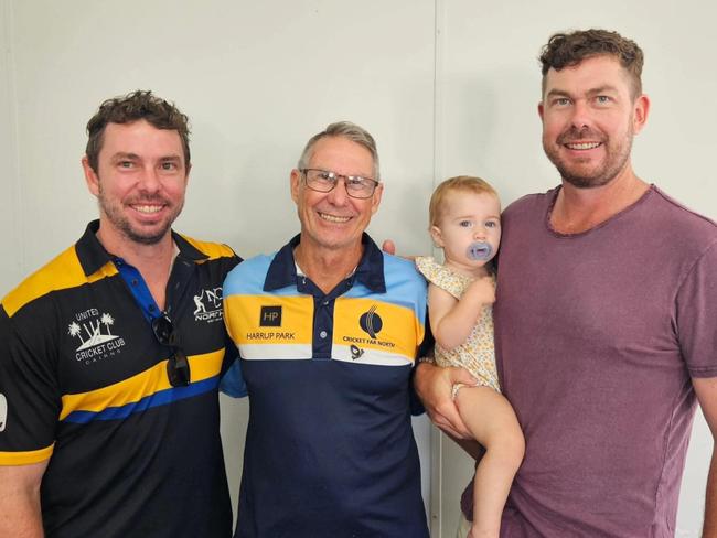 Pictured (l-r): Angus Warnock, Julian Warnock and Mitch Warnock. Julian Warnock awarded Cricket Far North life membership for his decades of service to the local cricketing community. Cricket Far North 2024. Source: Cricket Far North Facebook