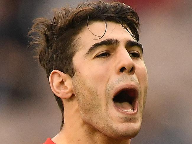 Christian Petracca of the Demons reacts after kicking a goal during the Round 9 AFL match between the Carlton Blues and the Melbourne Demons at the MCG in Melbourne, Sunday, May 20, 2018. (AAP Image/Julian Smith) NO ARCHIVING, EDITORIAL USE ONLY