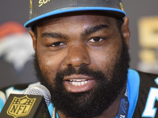 SAN JOSE, CA - FEBRUARY 02: Tackle Michael Oher #73 of the Carolina Panther addresses the media prior to Super Bowl 50 at the San Jose Convention Center/ San Jose Marriott on February 2, 2016 in San Jose, California. Thearon W. Henderson/Getty Images/AFP == FOR NEWSPAPERS, INTERNET, TELCOS & TELEVISION USE ONLY ==