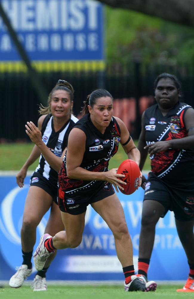 Kiarna Brown races towards the goals in the first game of the first game of the women's NTFL 22/23 season. Picture: (A)manda Parkinson