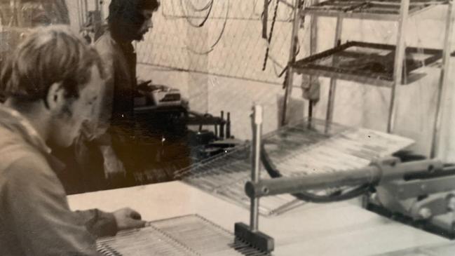 Jake Linzner making wire trays in 1975.