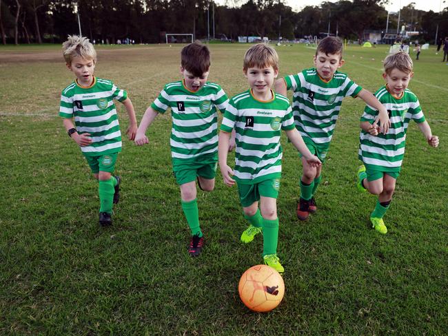 Pittwater Pirates U7s players Cash Kay-Clough, Callum Kelly, Dylan Dwyer, Gabe Gomes and Eli Sutton. Picture: Sam Ruttyn