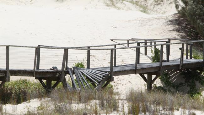 The damaged boardwalk on South Stradbroke Island. Picture: Mike Batterham