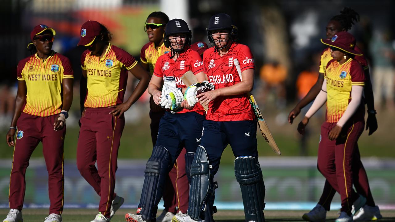 Heather Knight and Nat Sciver-Brunt of England celebrate following the ICC Women's T20 World Cup group B match between West Indies and England at Boland Park on February 11, 2023 in Paarl, South Africa. (Photo by Mike Hewitt/Getty Images)