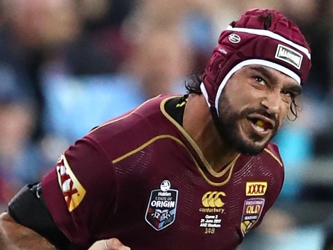 Johnathan Thurston celebrates after kicking the winning conversion during game two of the 2017 Origin series.