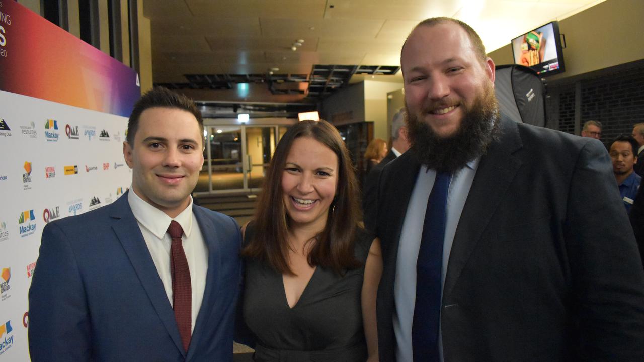 MEC Mining representatives Andrew Dittmann, Amerlia Chalker and Grant Malcolm at the 2020 Queensland Mining Awards at the MECC, Mackay, on Wednesday September 23. Picture: Zizi Averill