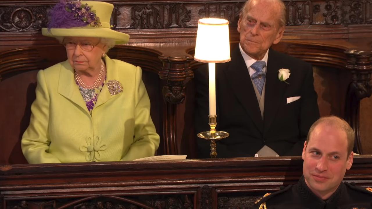 Queen Elizabeth II, Prince Philip, Duke of Edinburgh and Prince William, Duke of Cambridge during the sermon. Picture: BBC