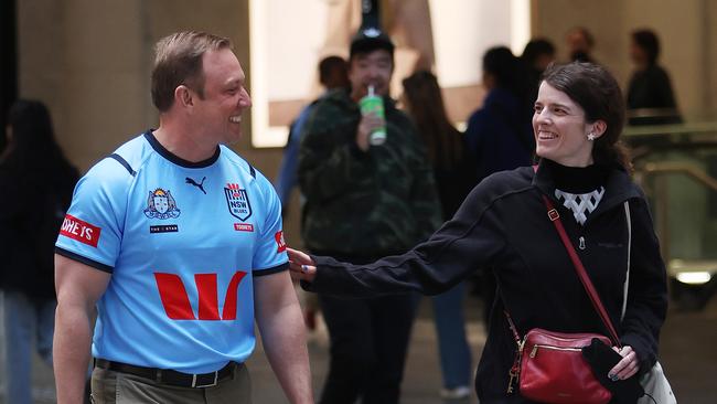 Premier Steven Miles’ walk of shame in a NSW jumper after Queensland lost this year’s State of Origin series. Picture: Annette Dew