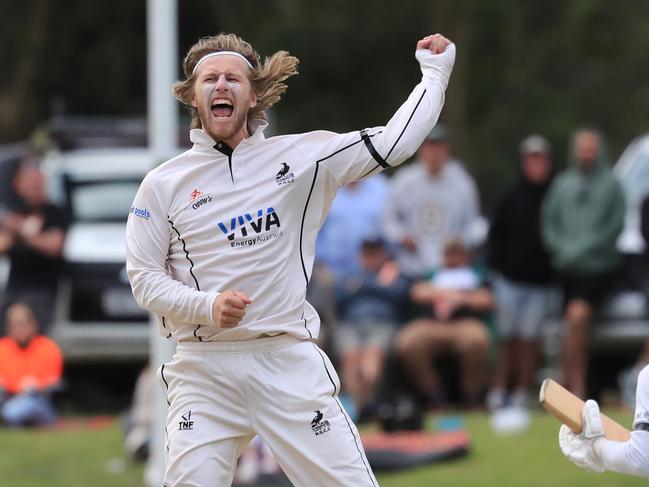 Cricket GCA1 Grand Final: North Geelong v East Belmont .North Geelong bowler Tom Mathieson reacts as he gets the wicket of East Belmont batsman Jack Jenkins caught Picture: Mark Wilson