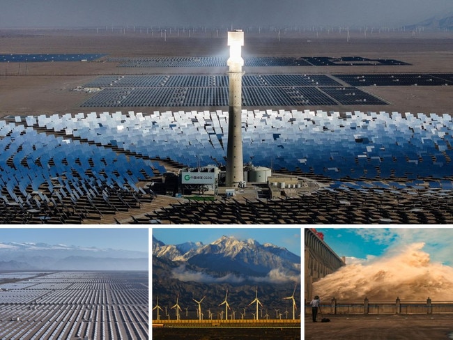 Clockwise from top: Solar photovoltaic panels at a wind solar heat storage project in Golmud City; water is released from the Three Gorges Dam; a wind farm in Xinjiang; Shichengzi photovoltaic industrial park in Hami