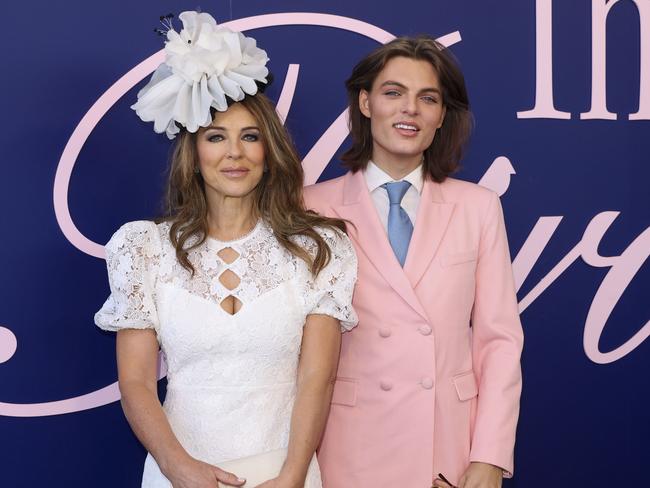 Liz Hurley and her 22-year-old son Damian at Ladies Day in Melbourne. Picture: Media Mode