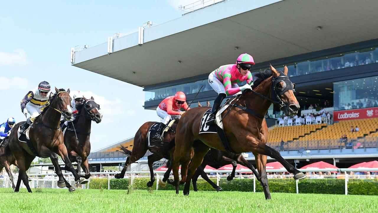 Felix The Scat wins for trainer Tony Gollan and jockey Kyle Wilson-Taylor at Doomben on Saturday. Picture: Grant Peters/Trackside Photography