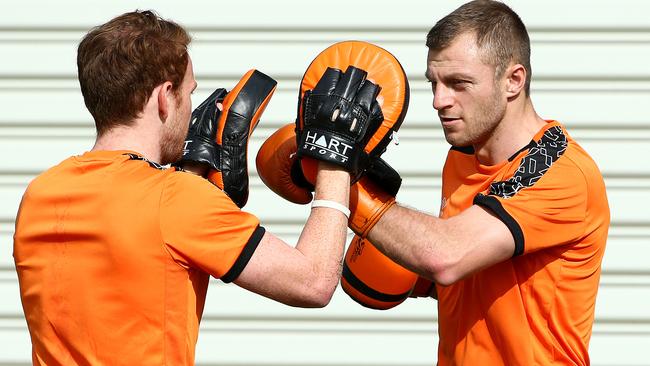Avraam Papadopoulos hits the pads at training. Picture: Liam Kidston